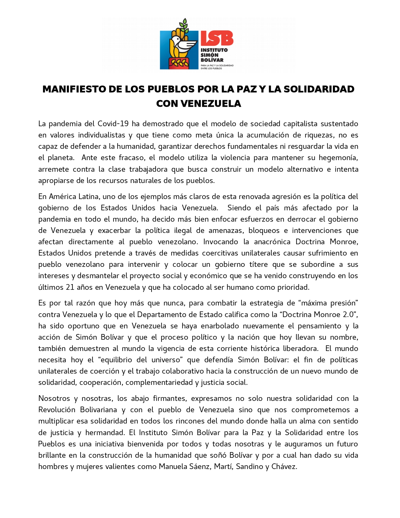 Lanza el @ISB_VE Manifiesto de los Pueblos por la Paz y la Solidaridad con Venezuela.